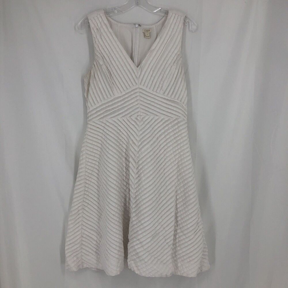 J Crew Tiered/Pleated White V Neck Dress, Sleeveless Size 12